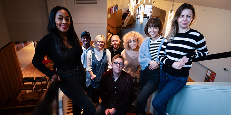 Sky Comedy Rep 2023. Image shows left to right: Asia Wray, Mahad Ali, Aoife Kennan, Doug Crossley, Tom Critch, Hattie Soykan, Alice Etches, Georgie Morrell
