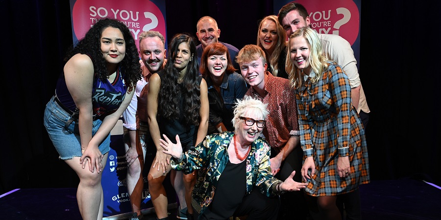 So You Think You're Funny? 2019. Image shows from L to R: Erika Ehler, Shane Daniel Byrne, Charlie George, Fady Kassab, Claire Haus, Jenny Eclair, Finlay Christie, Kate McGann, Denis Len, Kate Bancroft