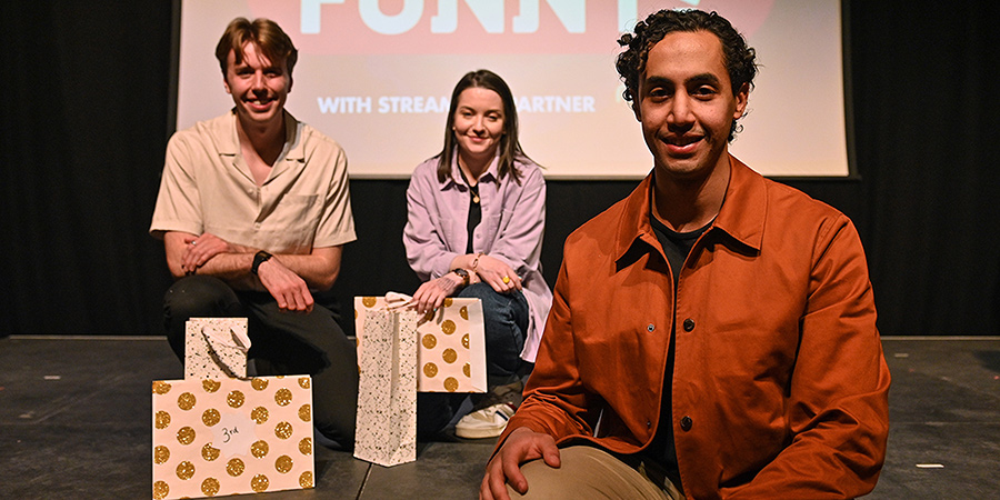 So You Think You're Funny? 2021. Image shows from L to R: Andy Watts, Rae Brogan, Omar Badawy. Copyright: Steve Ullathorne