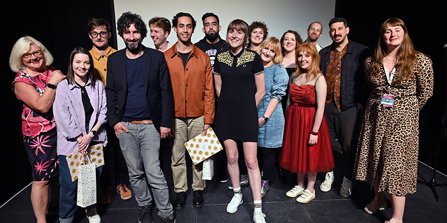 So You Think You're Funny? 2021. Image shows from L to R: Karen Koren, Rae Brogan, Nate Kitch, Mark Watson, Andy Watts, Omar Badawy, Farhan Solo, Maisie Adam, Kathy Maniura, Caroline Maddison, Kathleen Hughes, Lottie Field, Phil Marzouk, Katy Koren. Copyright: Steve Ullathorne