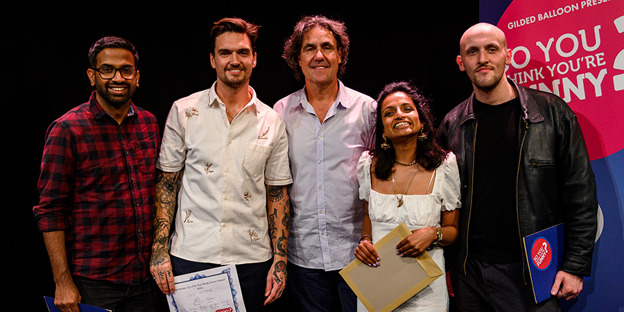 So You Think You're Funny? 2022. Image shows from L to R: Joshua Bethania, Jack Skipper, Micky Flanagan, Pravanya Pillay, Mark Black. Copyright: Steve Ullathorne