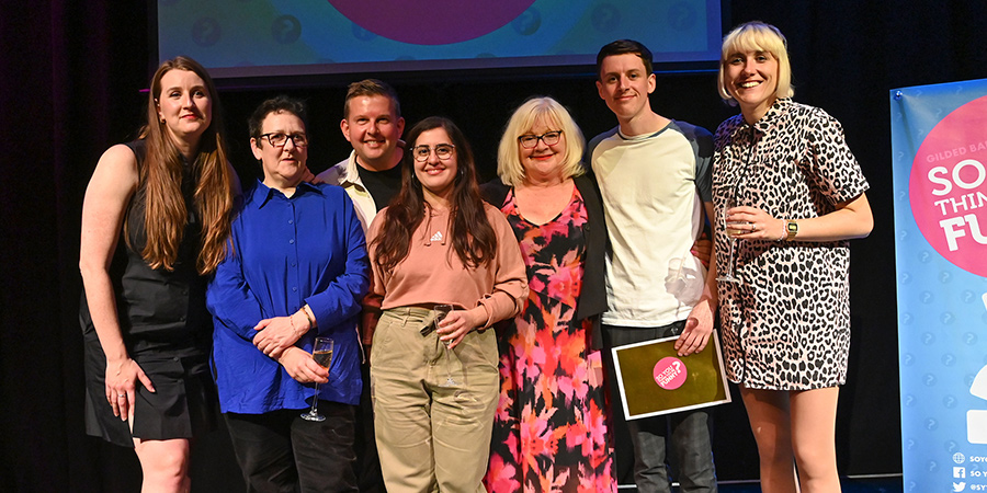 So You Think You're Funny? 2023. Image shows left to right: Katy Koren, Lizzie Norm, Greg McHugh, Samira Banks, Karen Koren, Christopher Donovan, Maisie Adam