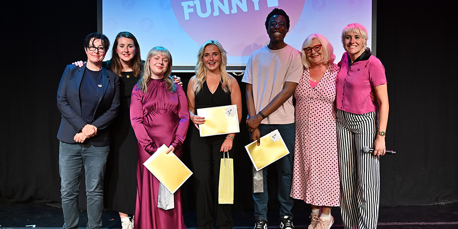 So You Think You're Funny? 2024. Image shows left to right: Sue Perkins, Katy Koren, Ciara O'Connor, Alana Jackson, Ayo Adenekan, Karen Koren, Maisie Adam. Credit: Steve Ullathorne