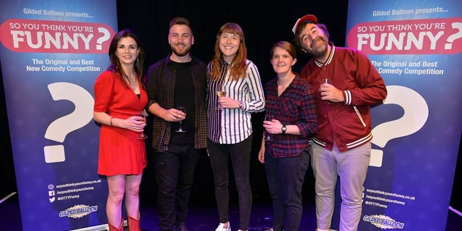 So You Think You're Funny?. Image shows from L to R: Aisling Bea, Morgan Rees, Maisie Adam, Sarah Mann, David O'Doherty