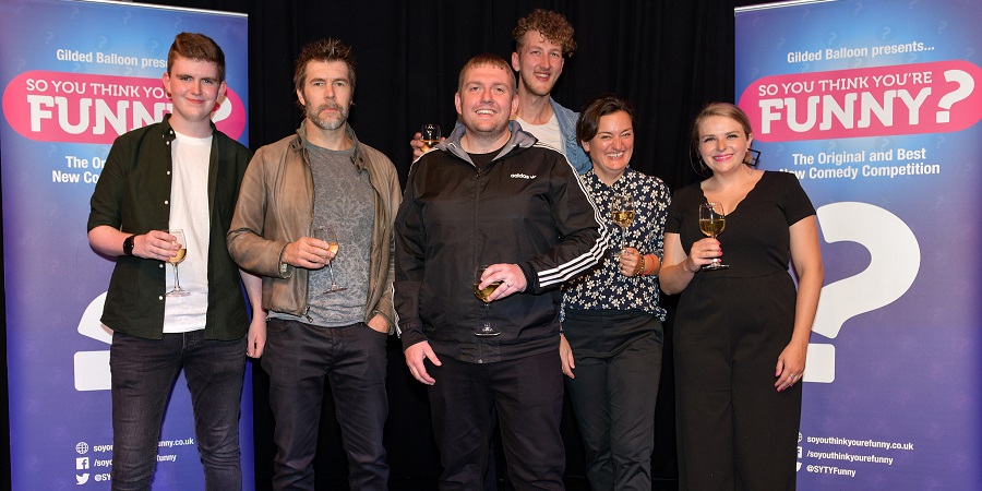 So You Think You're Funny? 2018. Image shows from L to R: Liam Farrelly, Rhod Gilbert, Danny Garnell, Joe Hobbs, Zoe Lyons, Bec Melrose. Copyright: Steve Ullathorne