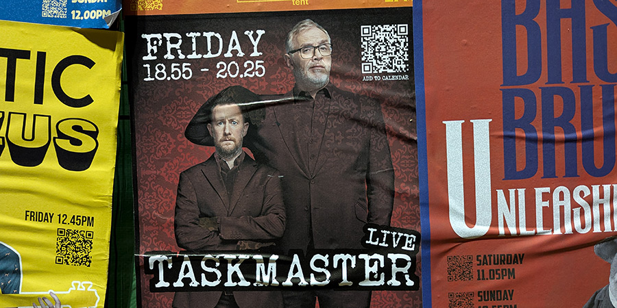 Poster promoting Taskmaster Live At Glastonbury 2025. Credit: Mark Muldoon