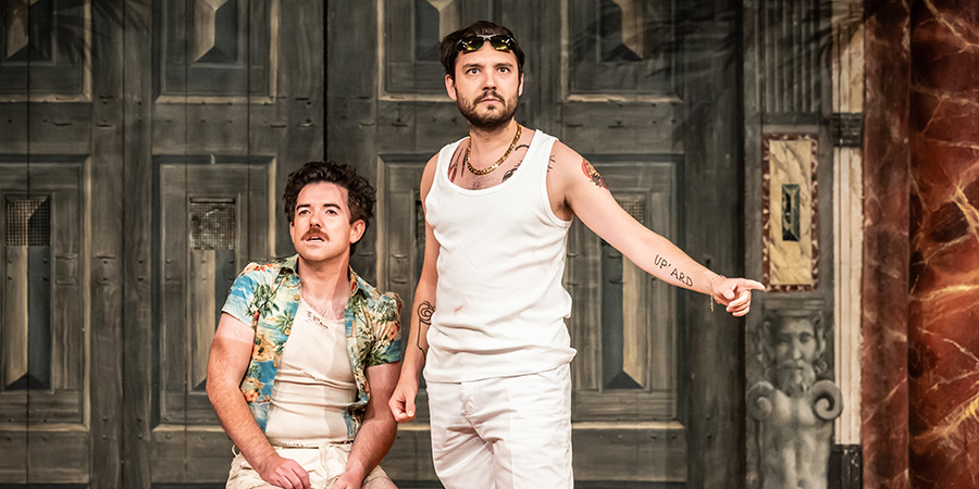 The Tempest at Shakespeare's Globe. Image shows from L to R: Ciaran O'Brien, George Fouracres. Copyright: Marc Brenner