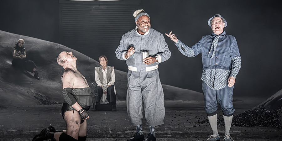 The Tempest. Image shows left to right: Mason Alexander Park, Forbes Masson, Sigourney Weaver, Jason Barnett, Mathew Horne. Credit: Marc Brenner