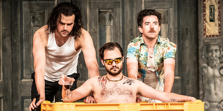 The Tempest at Shakespeare's Globe. Image shows from L to R: Ralph Davis, George Fouracres, Ciaran O'Brien. Copyright: Marc Brenner