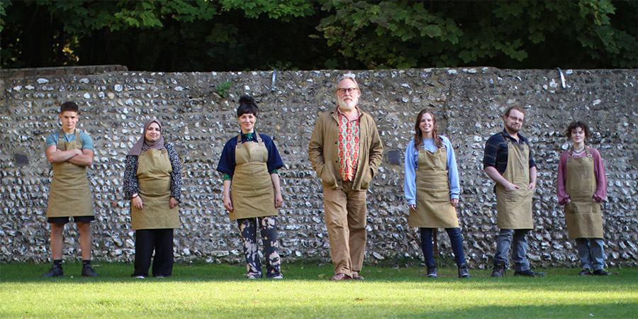 Jim Moir and six crafting competitors in 2022's The Prince's Master Crafters: The Next Generation. Copyright: Sky