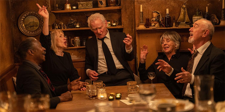 Truelove. Image shows left to right: Clarke Peters, Lindsay Duncan, Karl Johnson, Sue Johnston, Peter Egan