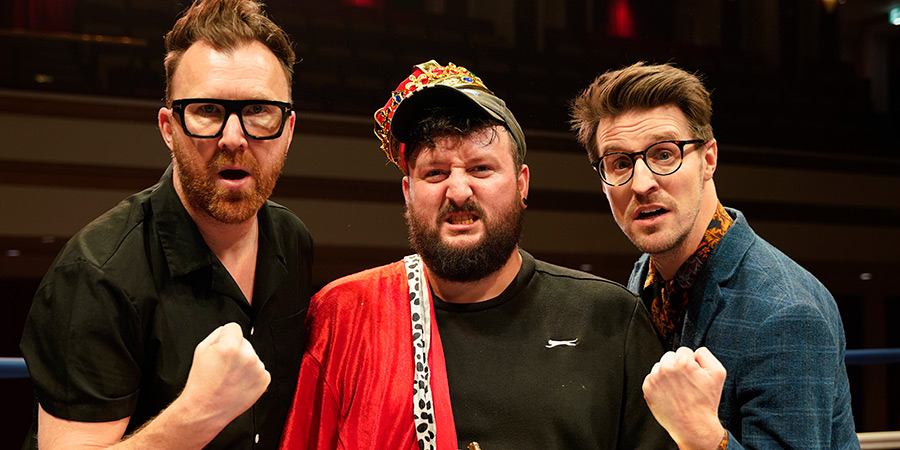 UK Pun Championship 2024. Image shows left to right: Jason Byrne, Kev Mud, Lee Brace. Credit: Crosscut Media, David Wilson Clarke