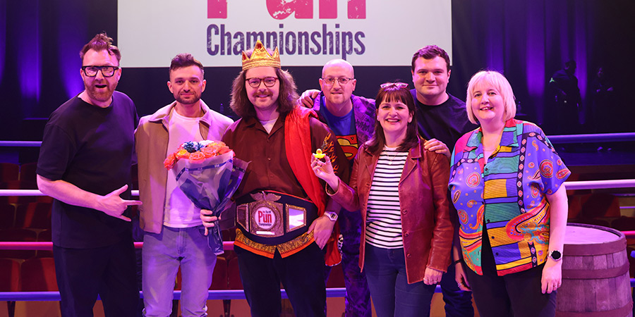 UK Pun Championship 2025. Image shows left to right: Jason Byrne, Daniel Edison, Will BF, Stevie Vegas, Pauline Eyre, Josh Faulkner, Mary Cross