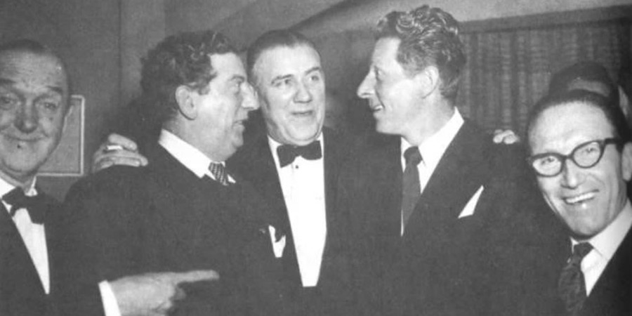 Image shows left to right: Stan Laurel, Sid Field, Val Parnell, Danny Kaye, Arthur Askey