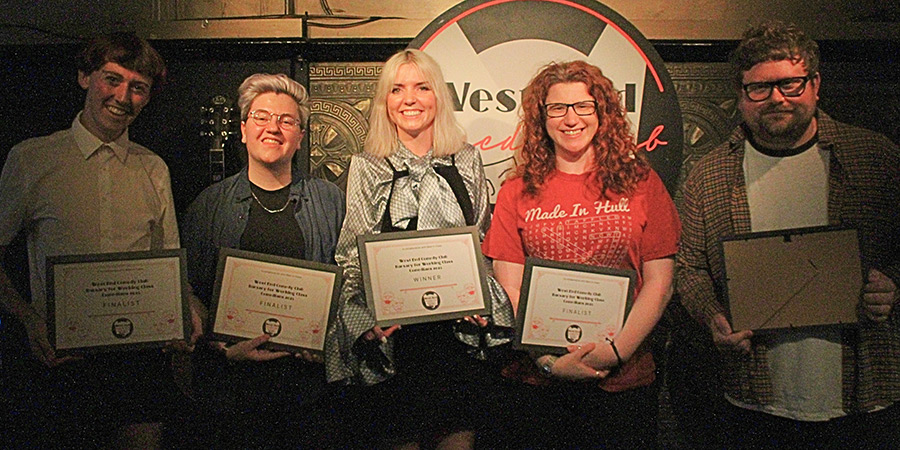 West End Comedy Club Working Class Bursary 2023. Image shows left to right: Lachlan Werner, Jodie Mitchell, Alexandra Haddow, Louise Atkinson, William Stone