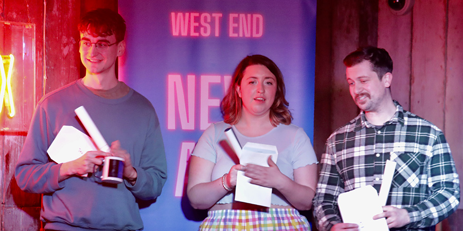 West End New Act of the Year 2022 final. Image shows from L to R: Sam Coade, Carla Gordon, Phil Henderson. Copyright: Mark Paterson