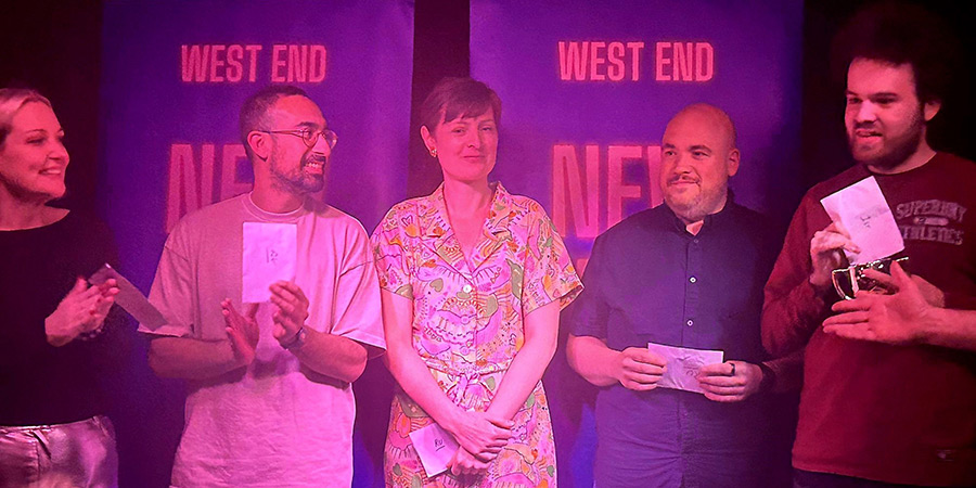 West End New Act of the Year 2025. Image shows left to right: Sophie Sconcia, Imran Hafeez, Madeleine Brettingham, Jim Hooker, Adam Dorr. Credit: Dora Flowers West End New Act of the Year 2025. Image shows left to right: Sophie Sconcia, Imran Hafeez, Madeleine Brettingham, Jim Hooker, Adam Dorr. Credit: Dora Flowers