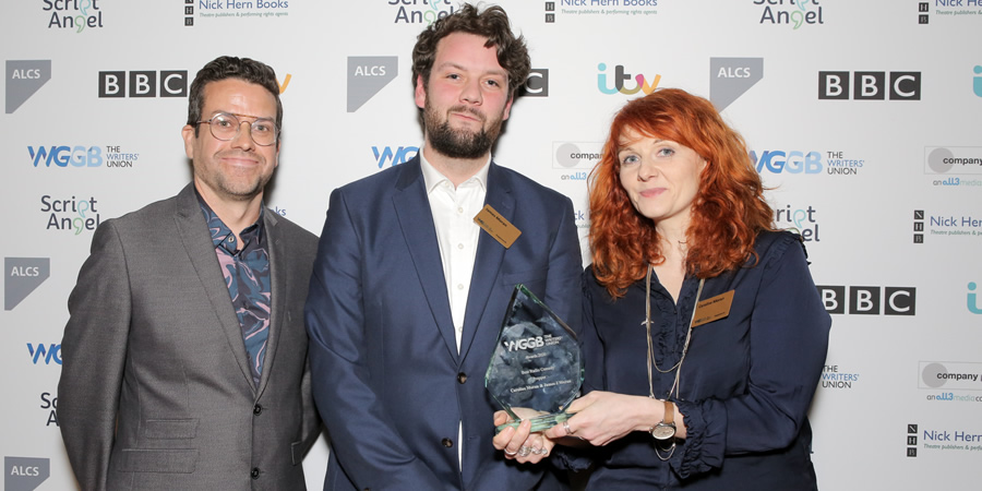 2020 Writers' Guild Awards. Image shows from L to R: Michael Spicer, James J Moran, Caroline Moran. Copyright: Matt Writtle