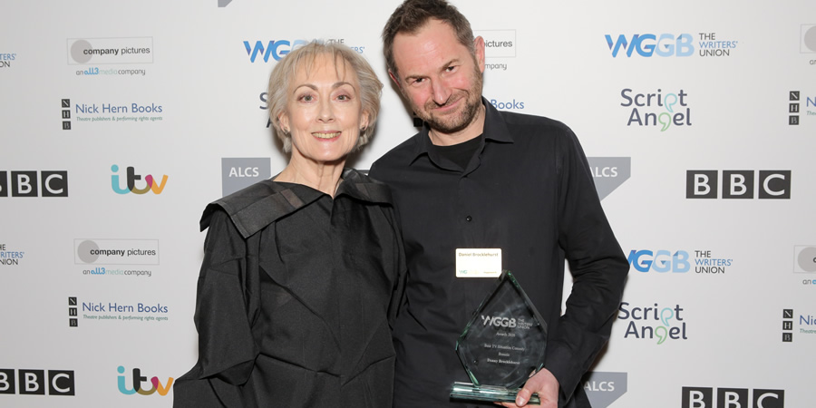 2020 Writers' Guild Awards. Image shows from L to R: Paula Wilcox, Daniel Brocklehurst. Copyright: Matt Writtle