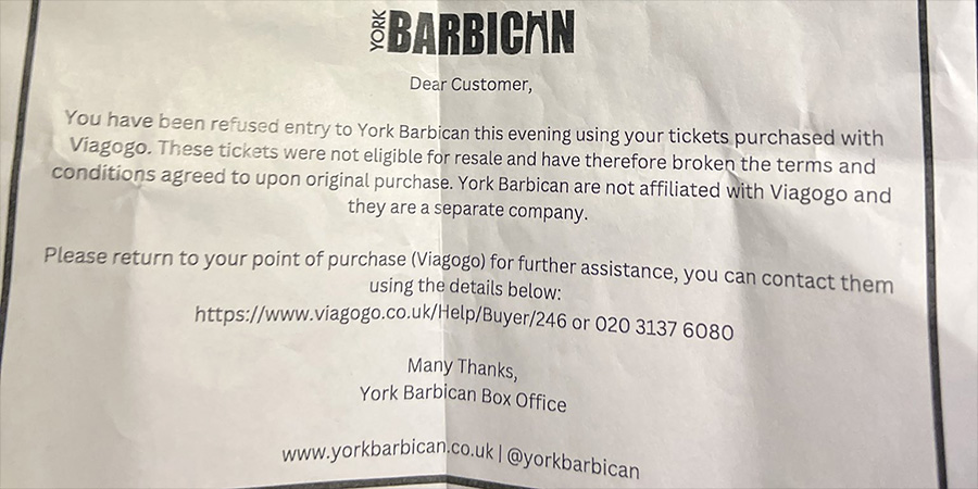 A note from York Barbican explaining the refusal of entry to ticketholders, as photographed by @AndeeForm