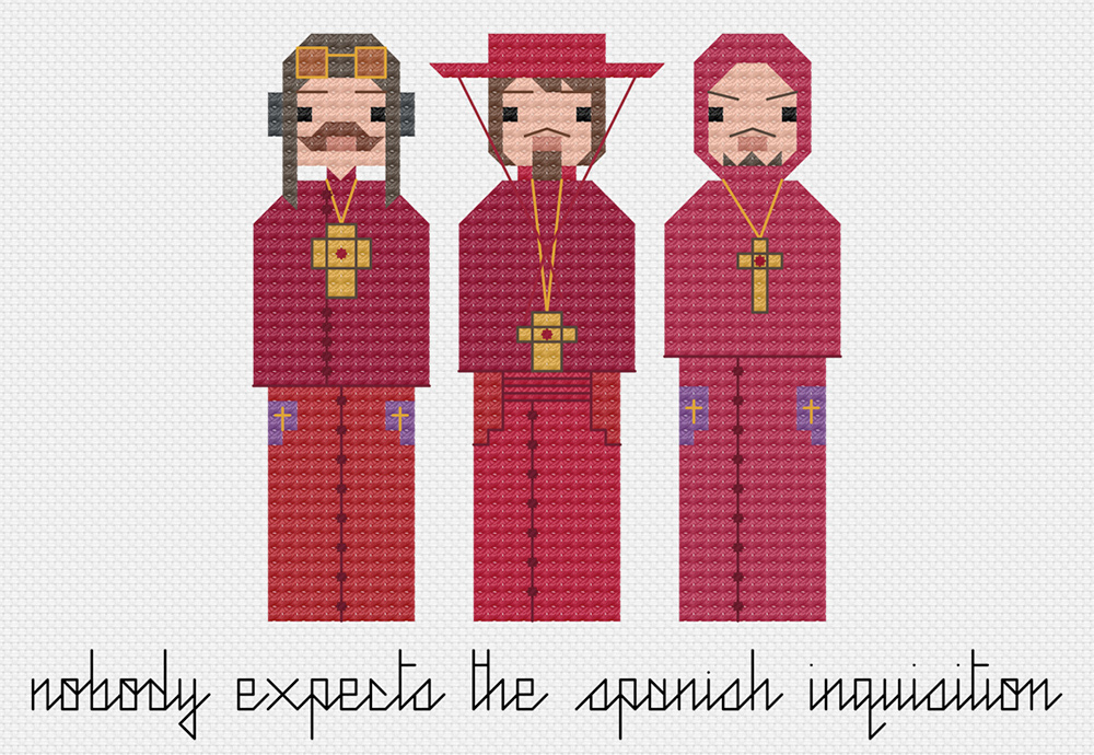 Monty Python Spanish Inquisition cross stitch. Copyright: 8bitnorthxstitch