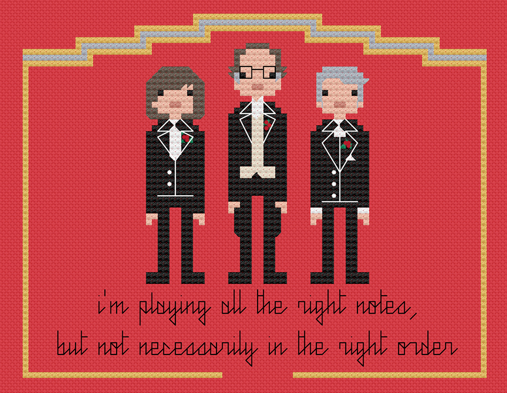 Morecambe & Wise with André Previn cross stitch. Copyright: 8bitnorthxstitch