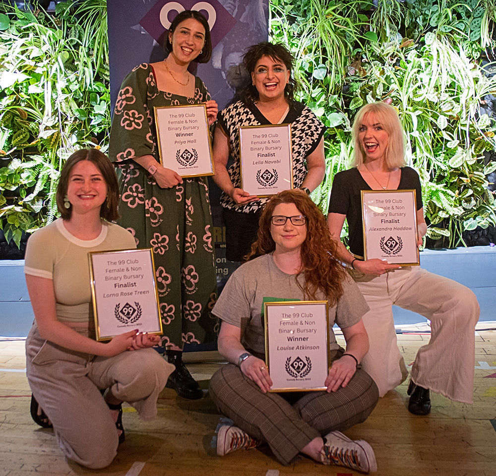 99 Club Bursary Showcase 2023. Image shows left to right: Lorna Rose Treen, Priya Hall, Leila Navabi, Louise Atkinson, Alexandra Haddow. Credit: Giulia Delprato