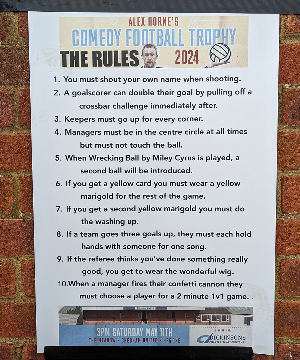 The rules for Alex Horne's Comedy Football Trophy 2024