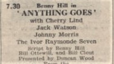 A printed listing for Benny Hill in Anything Goes (1952)