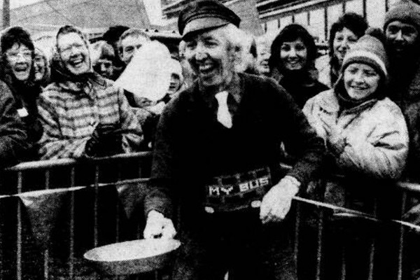 1986 Shrove Tuesday pancake toss. Bob Grant