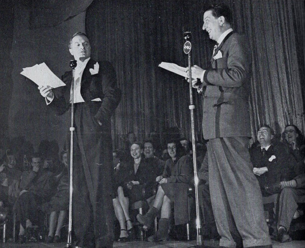 Bob Hope and Sid Field during an NBC radio recording in California. Image shows from L to R: Bob Hope, Sid Field