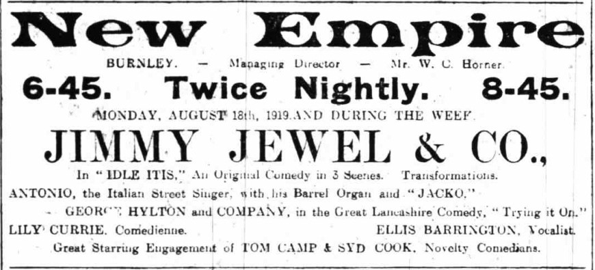 A 1919 billing of Jimmy Jewel (senior) & Co. at the Burnley New Empire