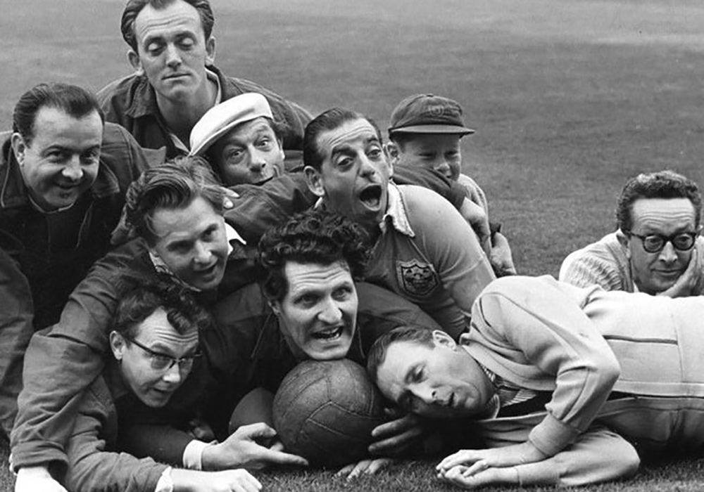 Comedians including Morecambe & Wise and Tommy Cooper with a football