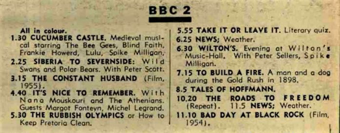 BBC2 schedule for 26th December 1970, featuring Cucumber Castle at 1:30pm, followed by Siberia To Severnside at 2:25pm