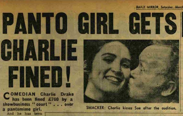 A Daily Mirror headline reporting Charlie Drake's fine