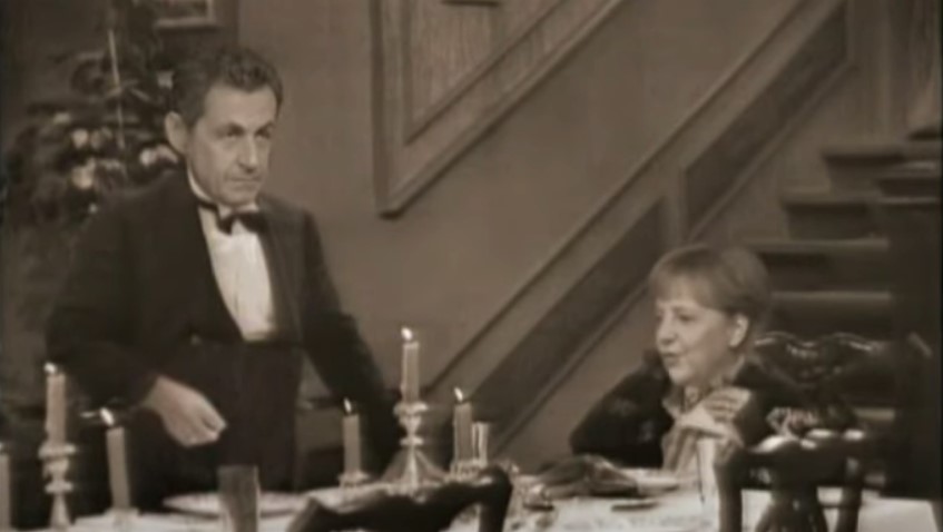 President Sarkozy and Chancellor Merkel pictured in a 2011 Dinner For One parody