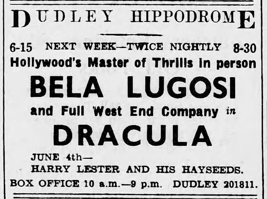 Advertisement for Dracula starring Bela Lugosi, in The Walsall Observer and South Staffordshire Chronicle, Saturday 26th May 1951