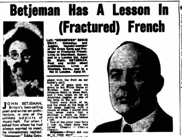 Newspaper cutting entitled 'Betjeman Has A Lesson In (Fractured) French'