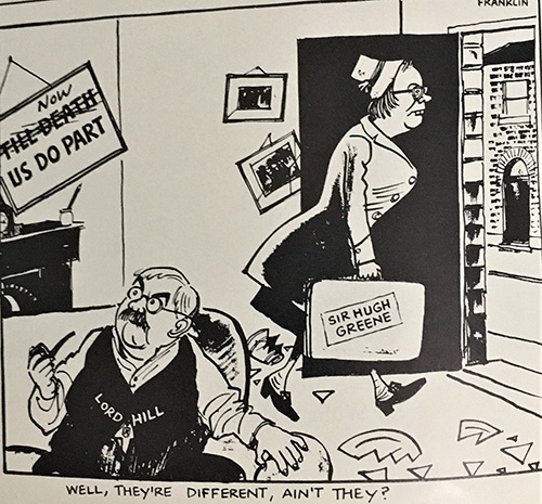 A 1969 cartoon by Franklin on Sir Hugh Carleton Greene's departure from the BBC