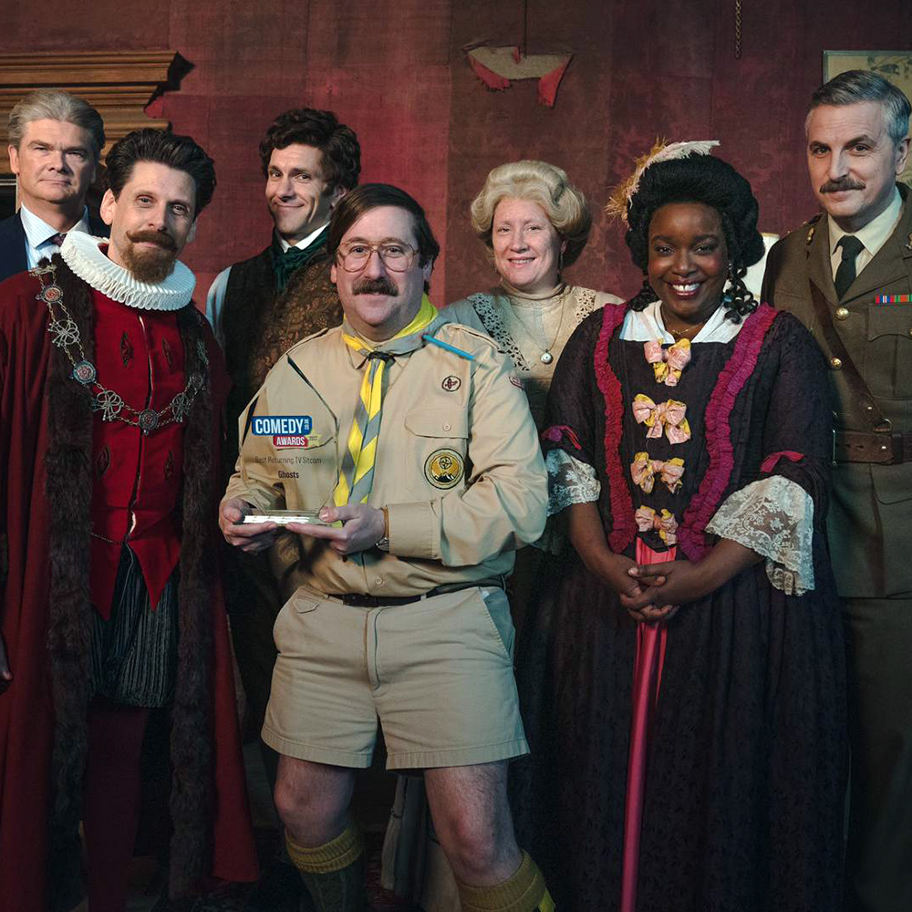 Ghosts. Image shows left to right: Julian (Simon Farnaby), Robin (Laurence Rickard), Thomas (Mathew Baynton), Pat (Jim Howick), Lady Button (Martha Howe-Douglas), Kitty (Lolly Adefope), Captain (Ben Willbond)