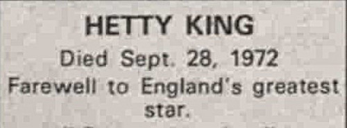 A newspaper notice of Hetty King's death