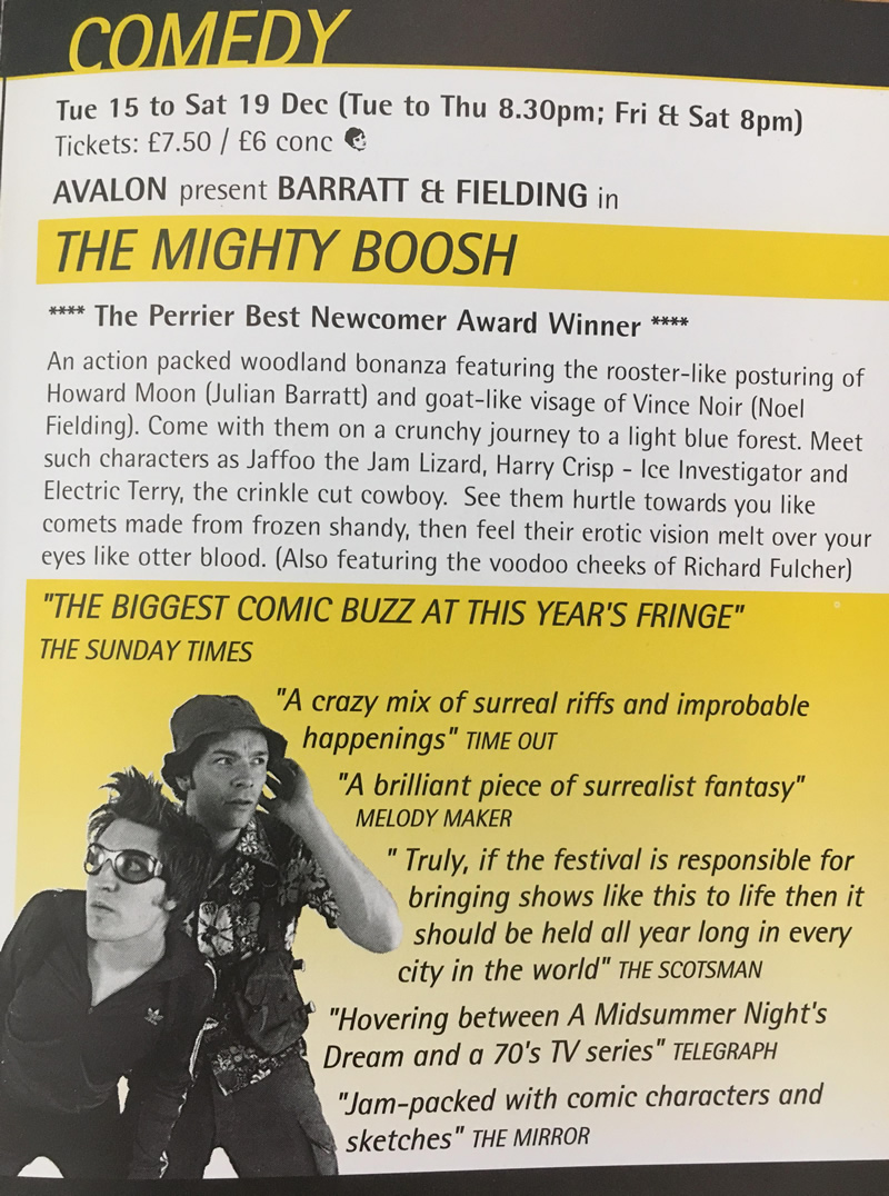 The Mighty Boosh at Komedia Brighton - 15 Dec 1998. Image shows from L to R: Noel Fielding, Julian Barratt. Copyright: Komedia Entertainment