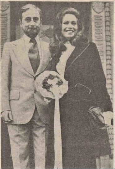 Michael Mills and Valerie Leon at their wedding, January 1974. Image shows from L to R: Valerie Leon, Michael Mills