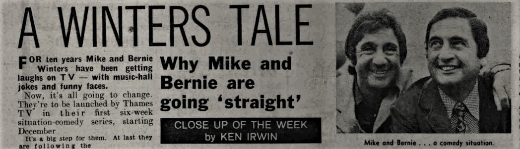 A Daily Mirror clipping announcing Thames TV's 1971-2 sitcom, Mike And Bernie. Image shows left to right: Mike Winters, Bernie Winters