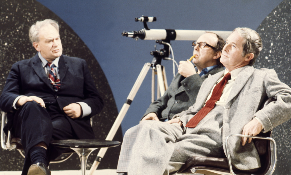 Patrick Moore, Eric Morecambe and Ernie Wise with telescope, 07/01/1976. Copyright: BBC History