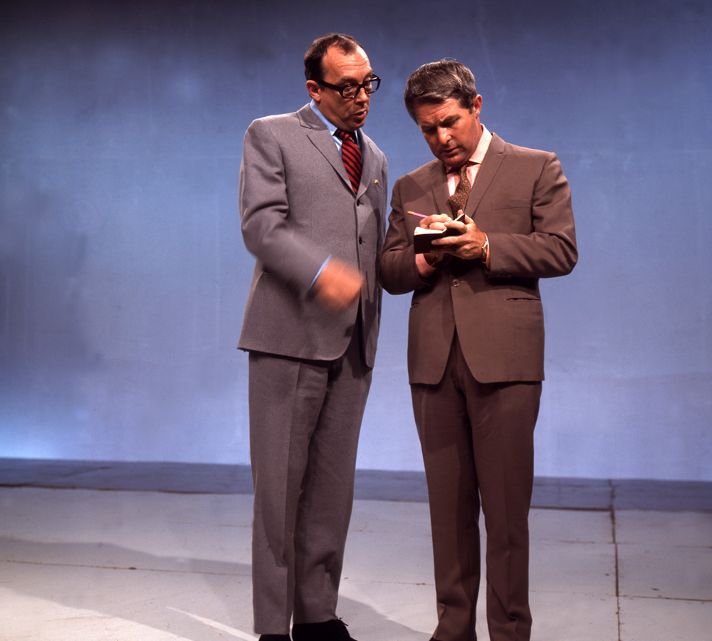 Eric Morecambe and Ernie Wise on stage, 02/09/1968. Image shows from L to R: Eric Morecambe, Ernie Wise. Copyright: BBC History