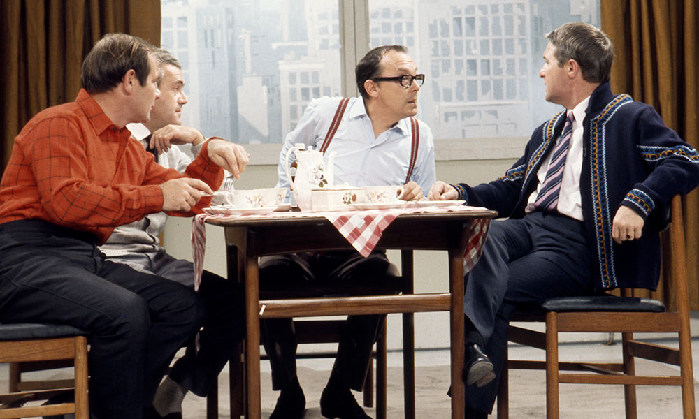 02/09/1968. Image shows from L to R: Dick Hills, Sid Green, Eric Morecambe, Ernie Wise. Copyright: BBC History