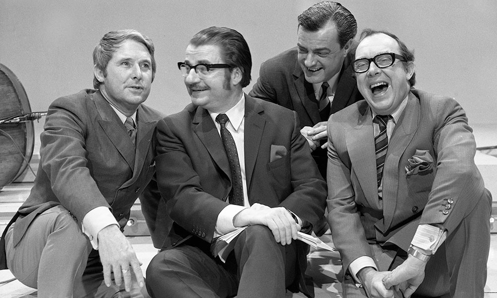 17/02/1970. Image shows from L to R: Eric Morecambe, Eddie Braben, John Ammonds, Ernie Wise. Copyright: BBC
