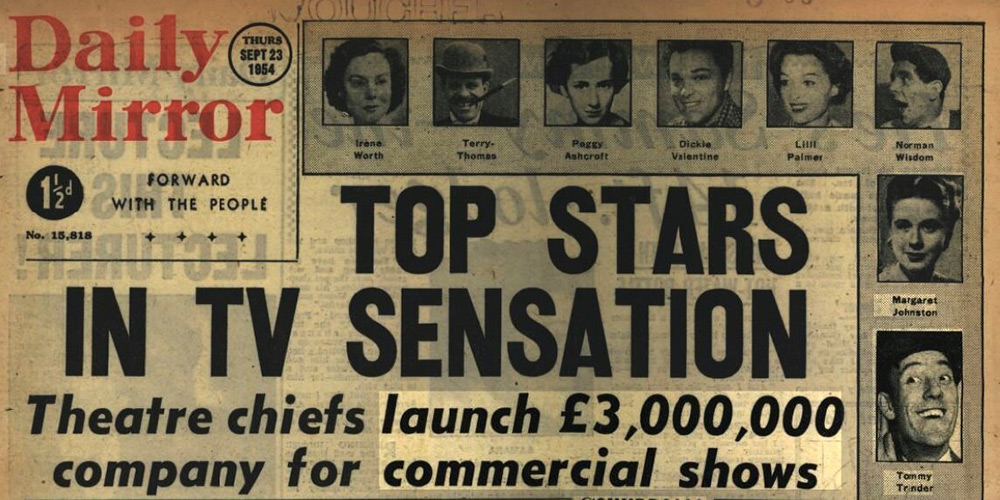 Daily Mirror, 23rd September 1954: Top Stars In TV Sensation. Theatre chiefs launch £3,000,000 company for commercial shows