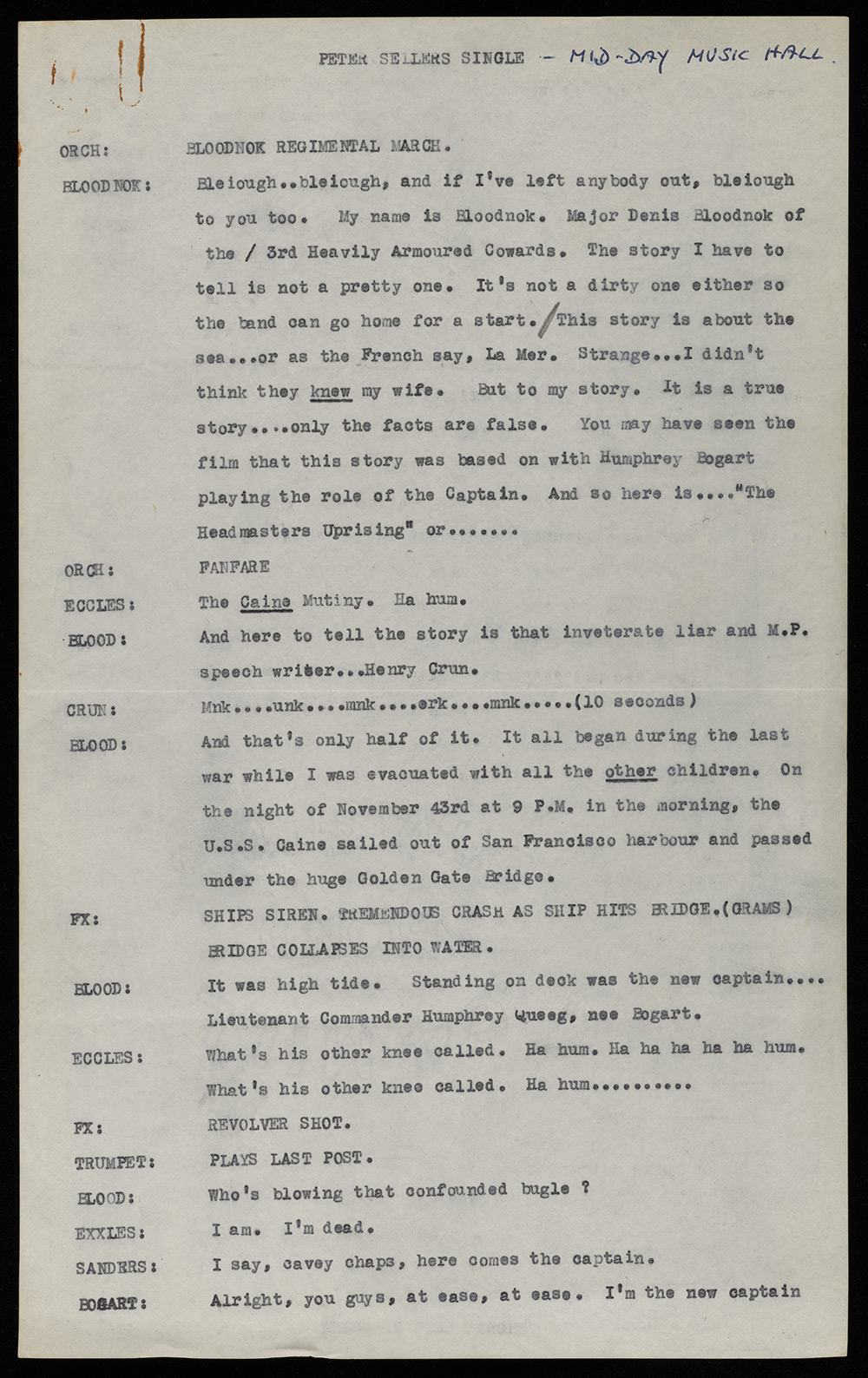 Picture of a script headed PETER SELLERS SINGLE - Mid-Day Music Hall